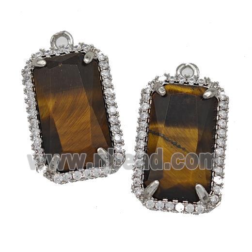 Natural Tiger Eye Stone Rectangle Pendant Copper Pave Zircon Platinum Plated
