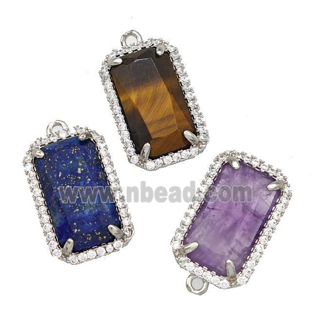 Natural Gemstone Rectangle Pendant Copper Pave Zircon Platinum Plated Mixed
