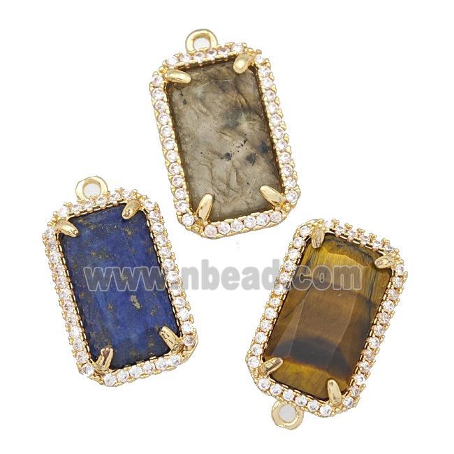 Natural Gemstone Rectangle Pendant Copper Pave Zircon Gold Plated Mixed