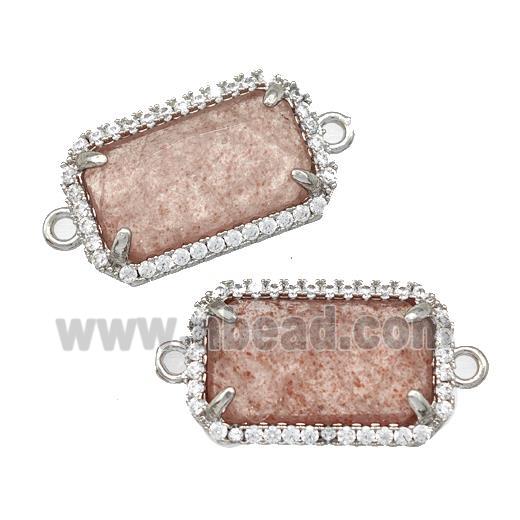 Pink Strawberry Quartz Rectangle Connector Copper Pave Zircon Platinum Plated