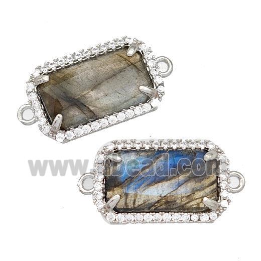 Natural Labradorite Rectangle Connector Copper Pave Zircon Platinum Plated