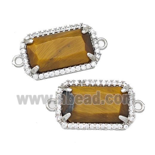 Natural Tiger Eye Stone Rectangle Connector Copper Pave Zircon Platinum Plated