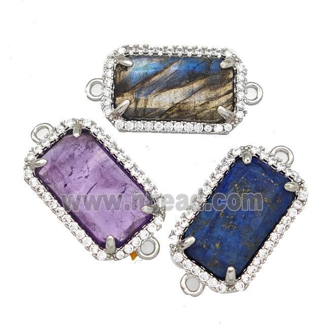 Natural Gemstone Rectangle Connector Copper Pave Zircon Platinum Plated Mixed