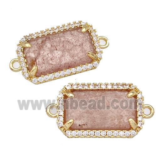 Pink Strawberry Quartz Rectangle Connector Copper Pave Zircon Gold Plated