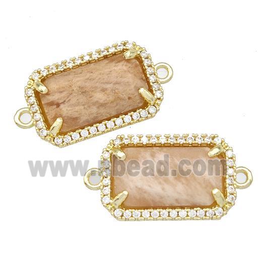 Natural Peach Sunstone Rectangle Connector Copper Pave Zircon Gold Plated