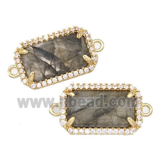 Natural Labradorite Rectangle Connector Copper Pave Zircon Gold Plated