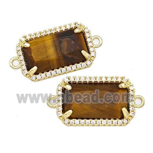Natural Tiger Eye Stone Rectangle Connector Copper Pave Zircon Gold Plated