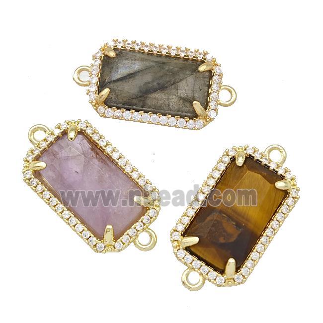 Natural Gemstone Rectangle Connector Copper Pave Zircon Gold Plated Mixed