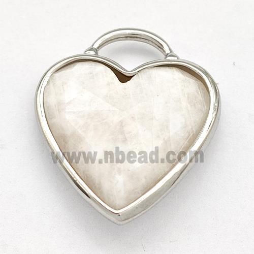 Natural White Moonstone Heart Pendant Faceted Platinum Plated