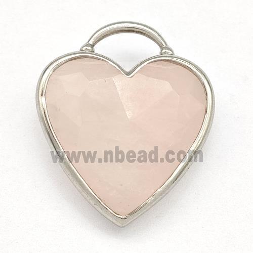 Natural Pink Rose Quartz Heart Pendant Faceted Platinum Plated
