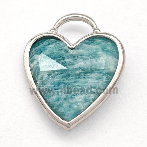 Natural Green Amazonite Heart Pendant Faceted Platinum Plated
