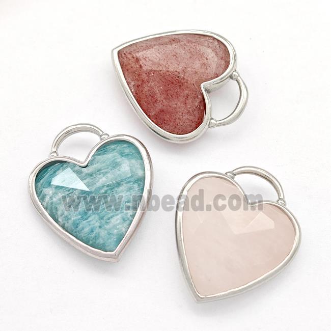 Natural Gemstone Heart Pendant Faceted Platinum Plated Mixed