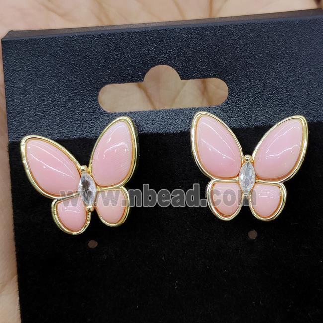 Natural Pink Queen Shell Butterfly Stud Earrings Gold Plated