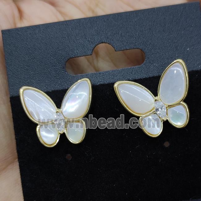 Natural White MOP Shell Butterfly Stud Earrings Gold Plated