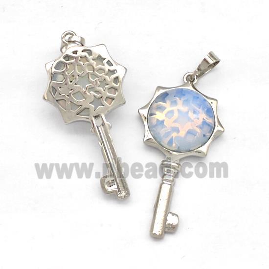 Alloy Key Charms Pendant Pave White Opalite Platinum Plated