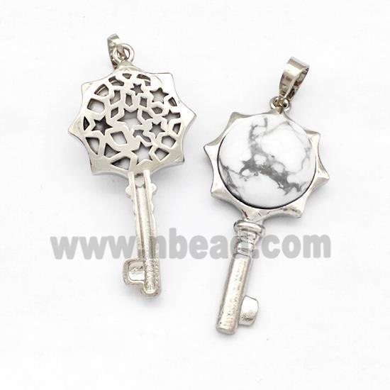 Alloy Key Charms Pendant Pave White Howlite Platinum Plated