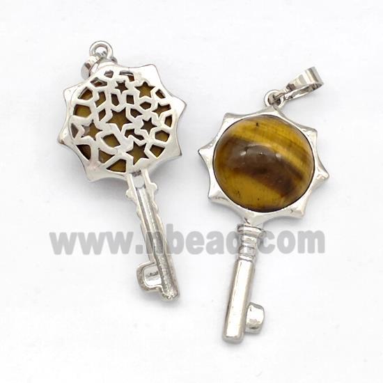 Alloy Key Charms Pendant Pave Tiger Eye Stone Platinum Plated