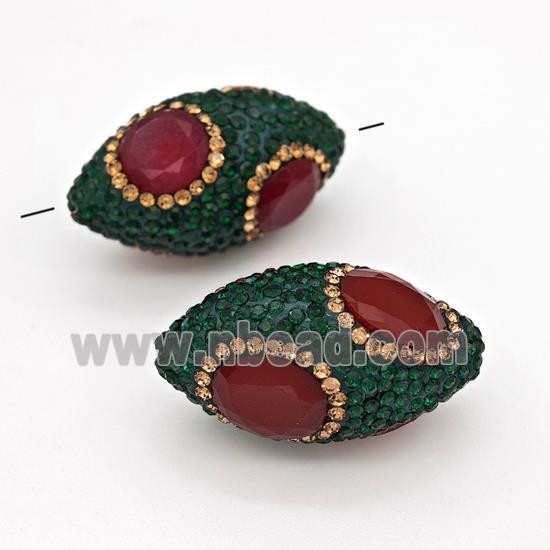 Clay Rice Beads Pave Green Rhinestone Red Jadeite Glass