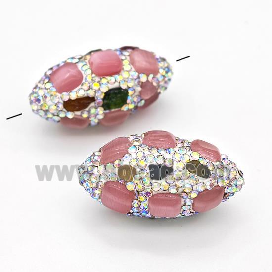 Clay Rice Beads Pave Rhinestone Tourmaline Pink Cat Eye Glass