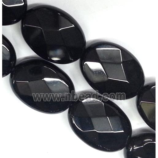 black onyx bead, faceted flat oval