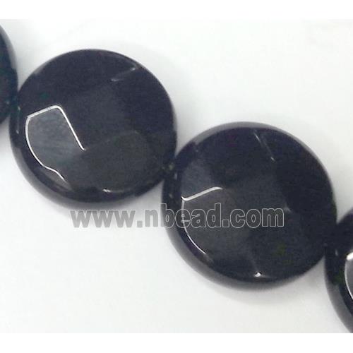 black onyx bead, faceted flat round