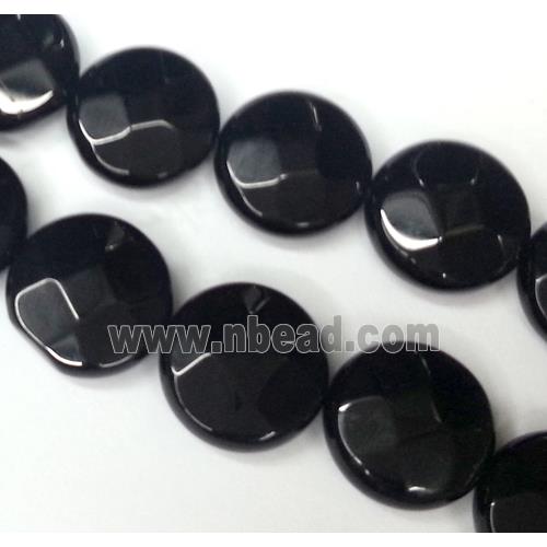 black onyx bead, faceted flat round