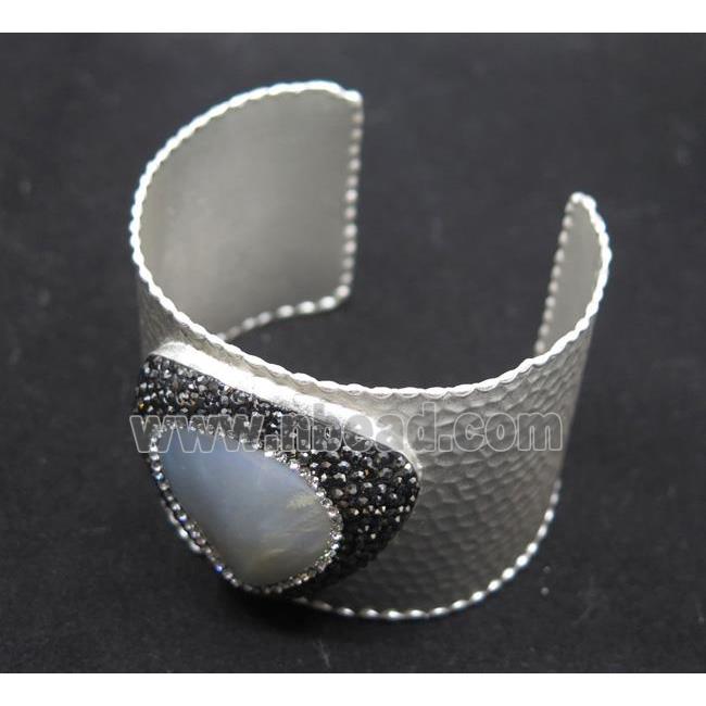 white pearl shell pave rhinestone, silver alloy cuff bracelet