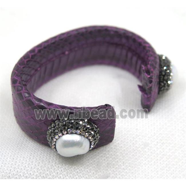 white pearl cuff bangle pave rhinestone, purple snakeskin, alloy