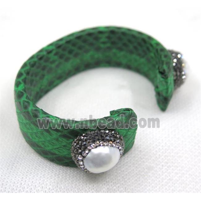 white pearl cuff bangle pave rhinestone, green snakeskin, alloy