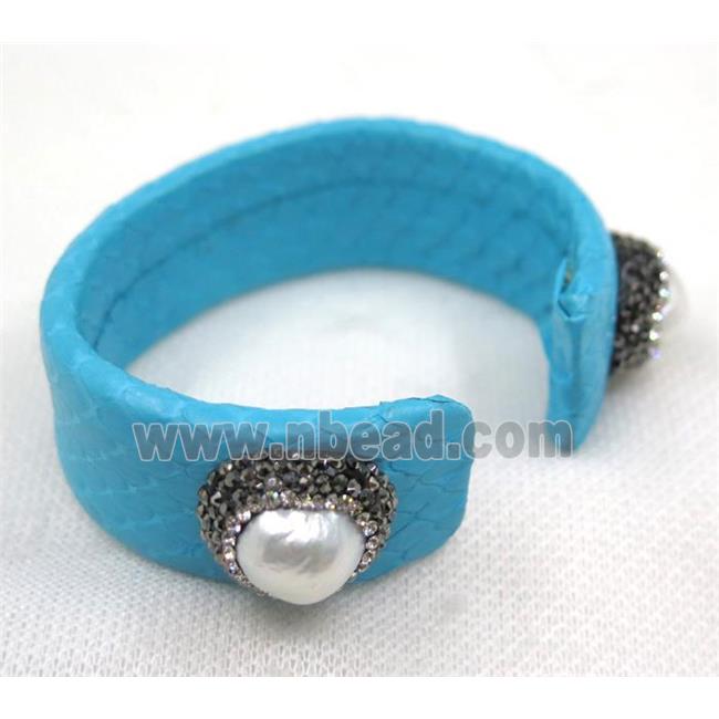 white pearl cuff bangle pave rhinestone, blue snakeskin, alloy 