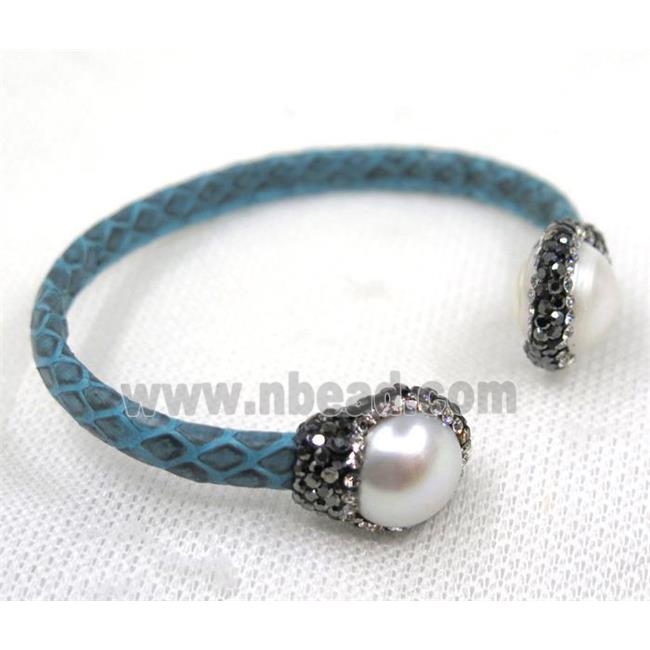 white pearl pave rhinestone, blue snakeskin copper cuff bangle