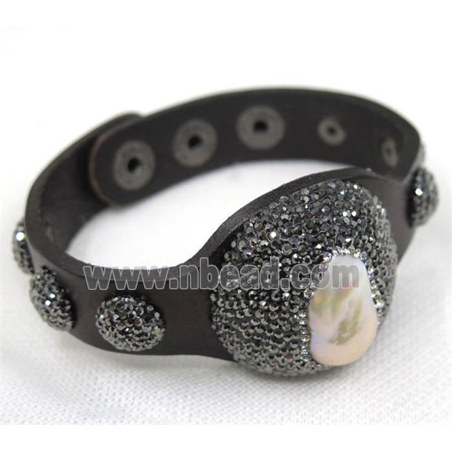 white pearl pave rhinestone, black PU cuff bracelet