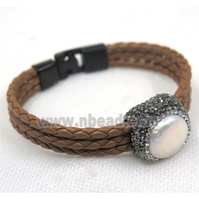 white pearl pave rhinestone, coffee PU leather cuff bracelet