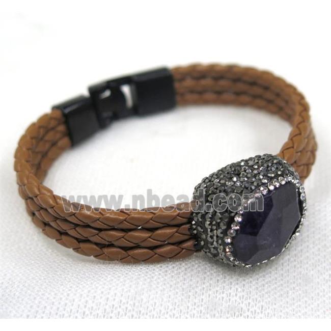 purple Amethyst pave rhinestone, coffee PU leather cuff bracelet