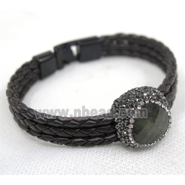 Labradorite pave rhinestone, black PU leather cuff bracelet