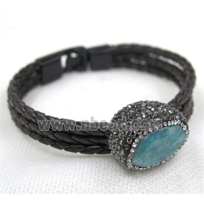 blue jade pave rhinestone, black PU leather cuff bracelet