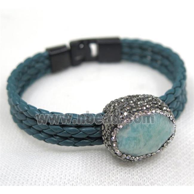 Amazonite pave rhinestone, blue PU leather cuff bracelet