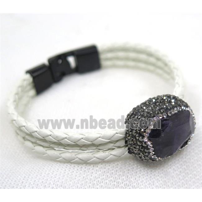purple Amethyst pave rhinestone, white PU leather cuff bracelet