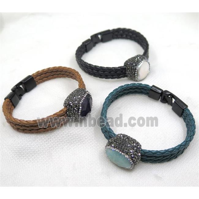 mix gemstone pave rhinestone, PU leather cuff bracelet