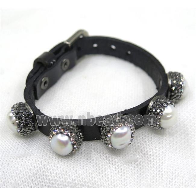 white pearl pave rhinestone, black PU leather cuff bracelet
