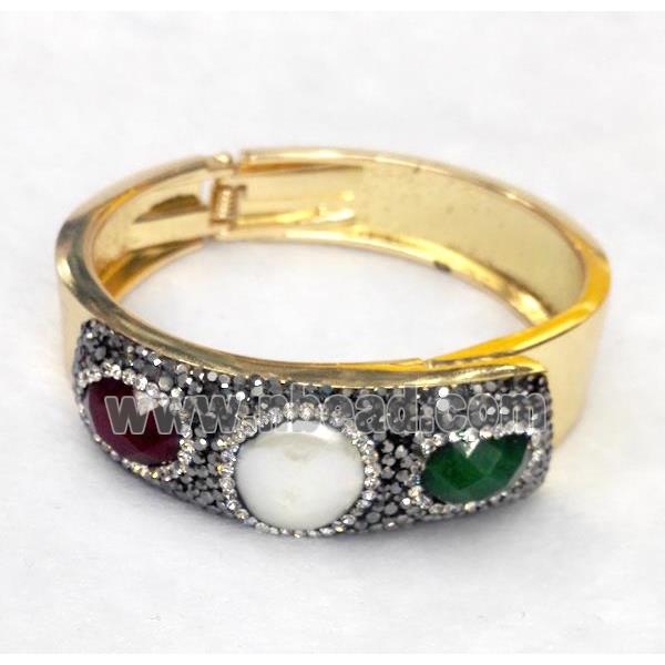 white Pearl cuff bracelet with jade pave rhinestone, alloy, gold plated