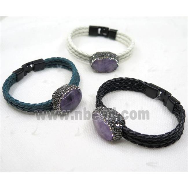 Amethyst pave rhinestone, PU leather cuff bracelet, mixed color