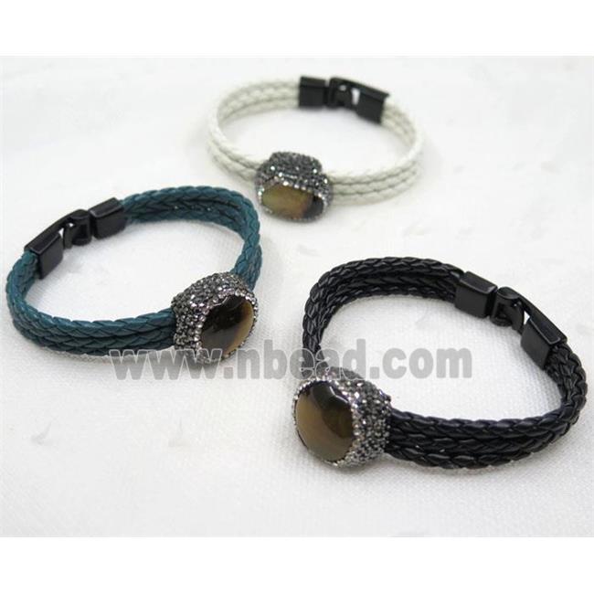 tiger eye stone pave rhinestone, PU leather cuff bracelet, mixed color
