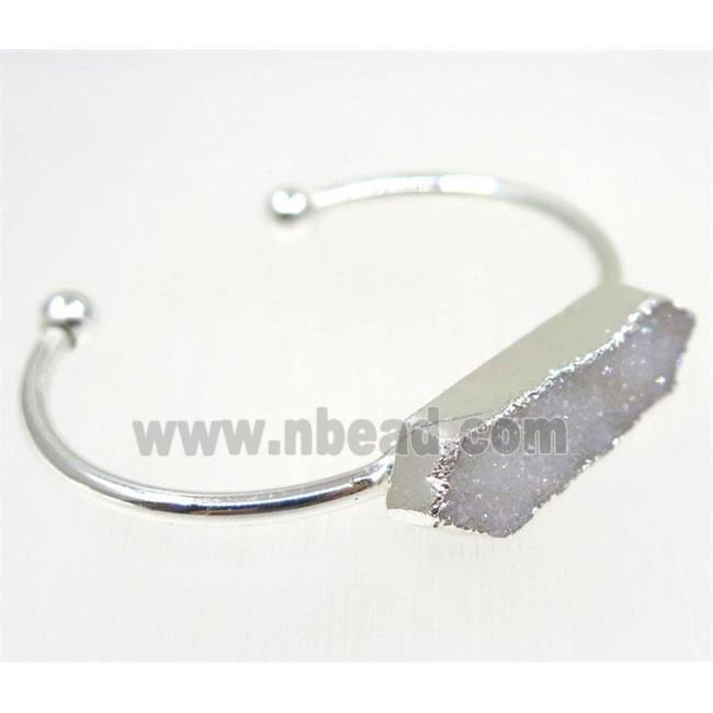 white AB-color druzy quartz bangle, copper, silver plated