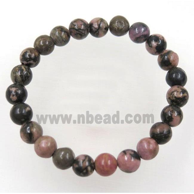round Chinese Rhodonite bead bracelet, stretchy