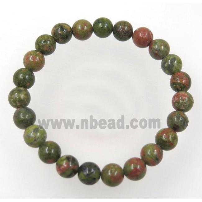 green Unakite bead bracelet, round, stretchy