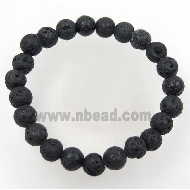 black lava stone bead bracelet, round, stretchy