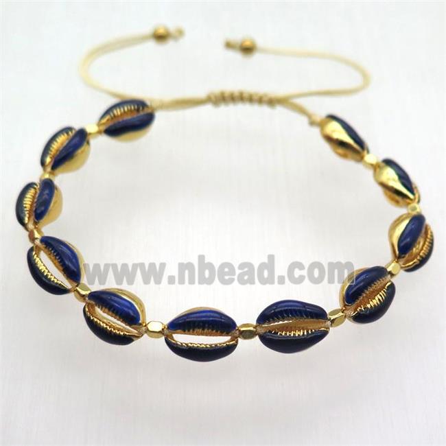 handmade Adjustable bracelet with coper conch beads, blue