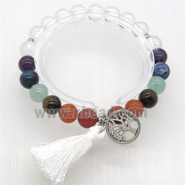 Chakra Bracelets with clear quartz, tassel, tree of life, stretchy