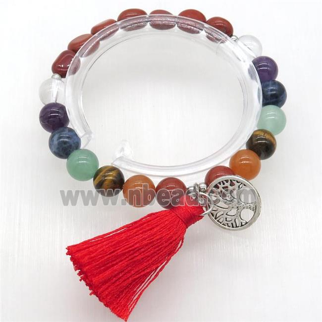 Chakra Bracelets with jasper, tassel, tree of life, stretchy